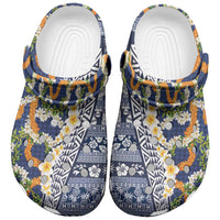 Hawaiian Plumeria Lei Clogs Shoes Kakau Motifs and Palaka Half Style Blue Color LT03 Blue - Polynesian Pride