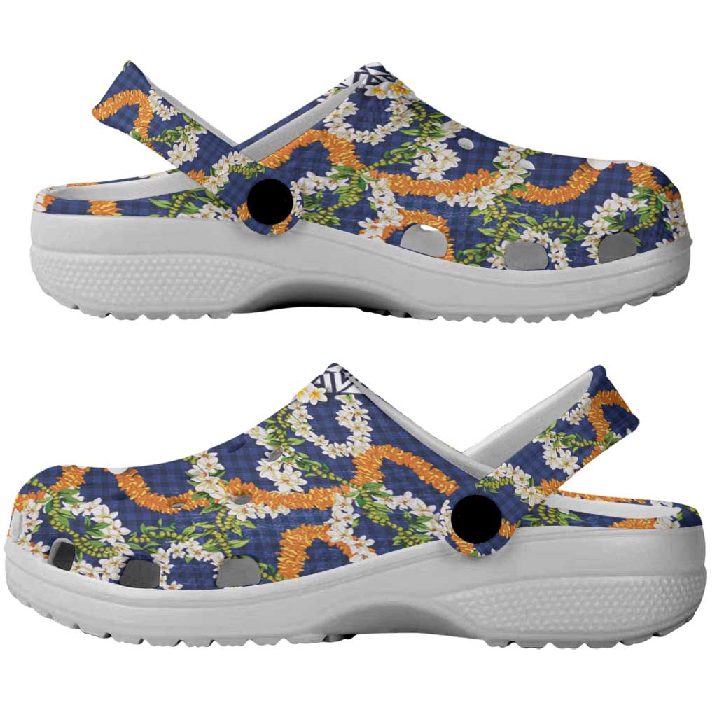 Hawaiian Plumeria Lei Clogs Shoes Kakau Motifs and Palaka Half Style Blue Color LT03 - Polynesian Pride