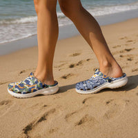 Hawaiian Plumeria Lei Clogs Shoes Kakau Motifs and Palaka Half Style Blue Color LT03 - Polynesian Pride
