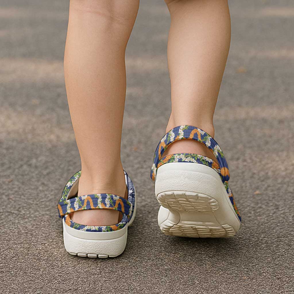 Hawaiian Plumeria Lei Clogs Shoes Kakau Motifs and Palaka Half Style Blue Color LT03 - Polynesian Pride