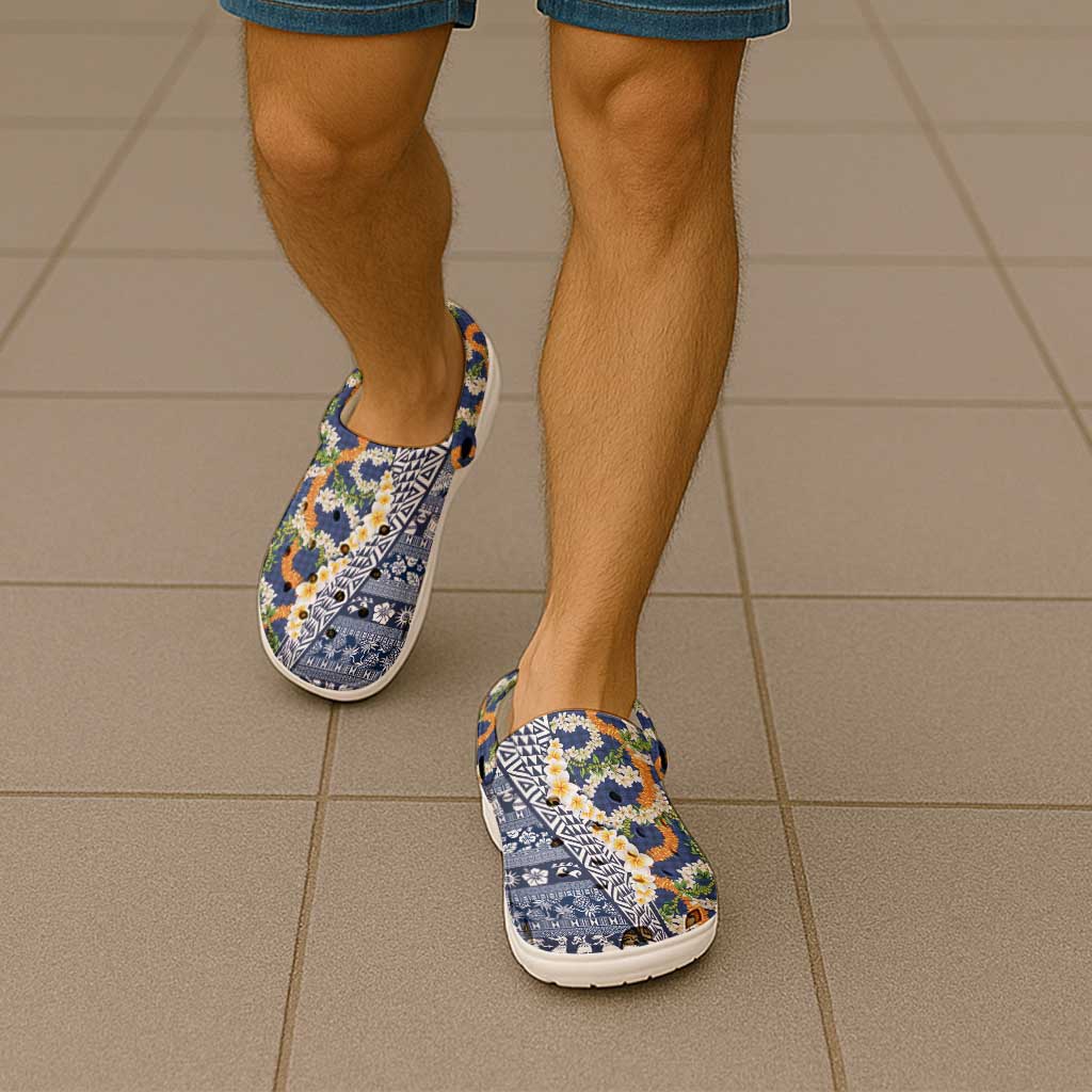 Hawaiian Plumeria Lei Clogs Shoes Kakau Motifs and Palaka Half Style Blue Color LT03 - Polynesian Pride
