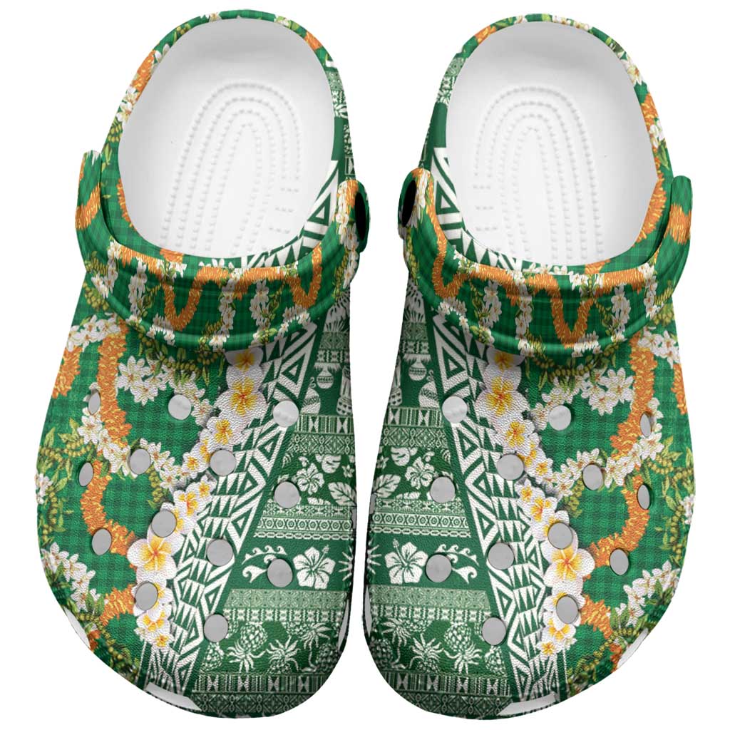Hawaiian Plumeria Lei Clogs Shoes Kakau Motifs and Palaka Half Style Green Color LT03