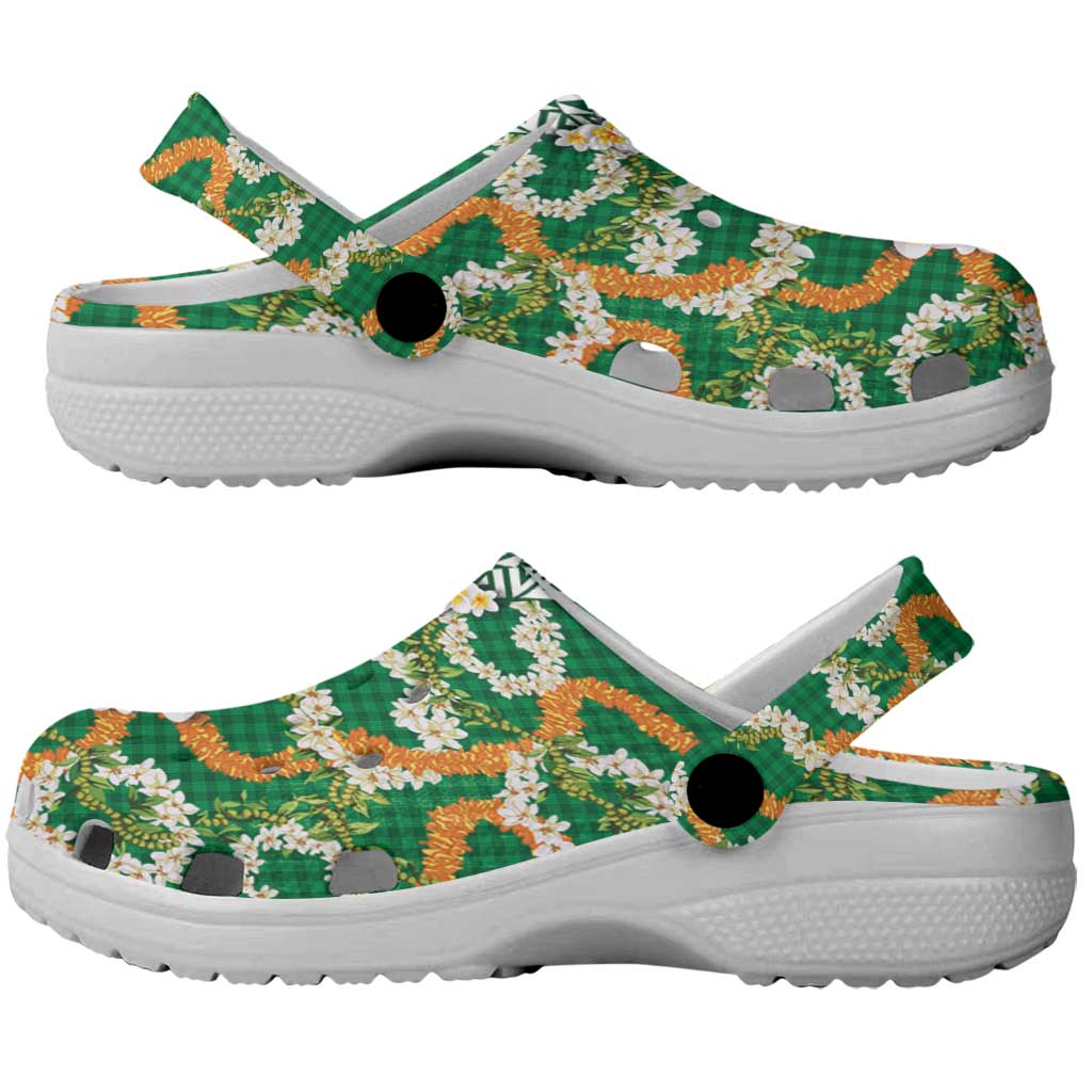 Hawaiian Plumeria Lei Clogs Shoes Kakau Motifs and Palaka Half Style Green Color LT03