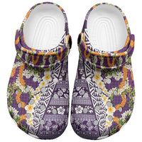Hawaiian Plumeria Lei Clogs Shoes Kakau Motifs and Palaka Half Style Purple Color LT03
