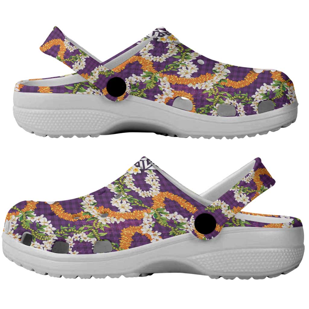 Hawaiian Plumeria Lei Clogs Shoes Kakau Motifs and Palaka Half Style Purple Color LT03