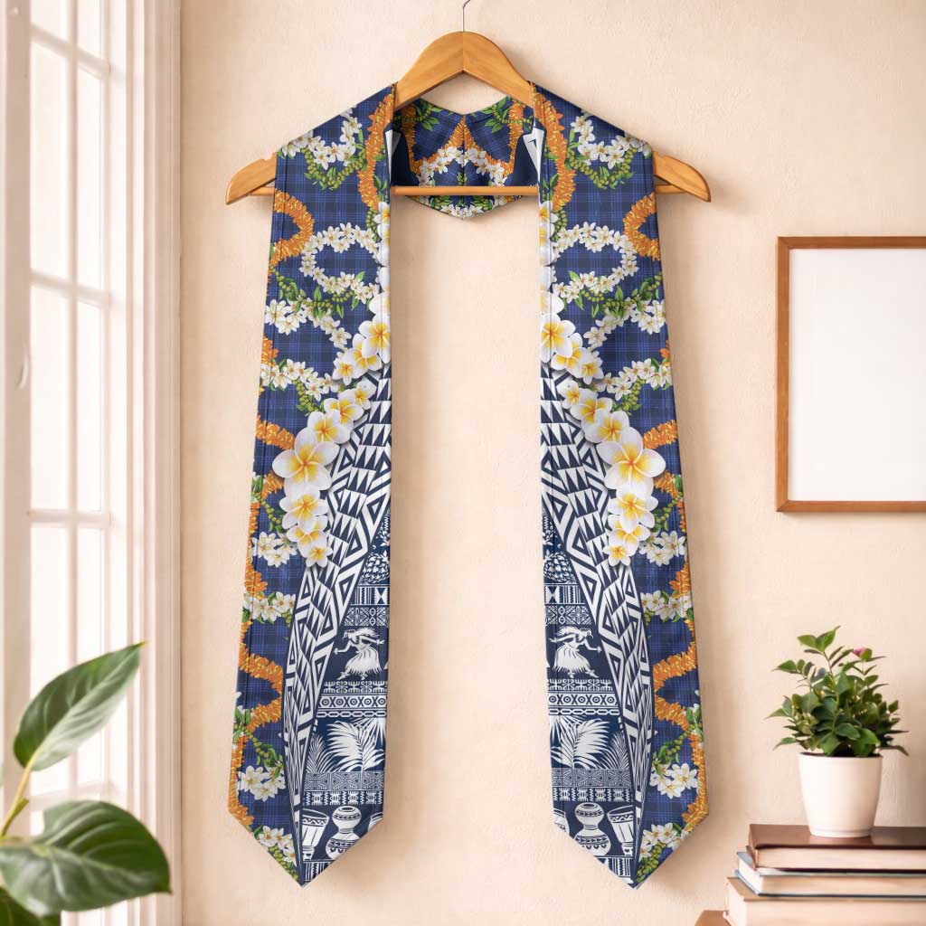 Hawaiian Plumeria Lei Graduation Stole Kakau Motifs and Palaka Half Style Blue Color
