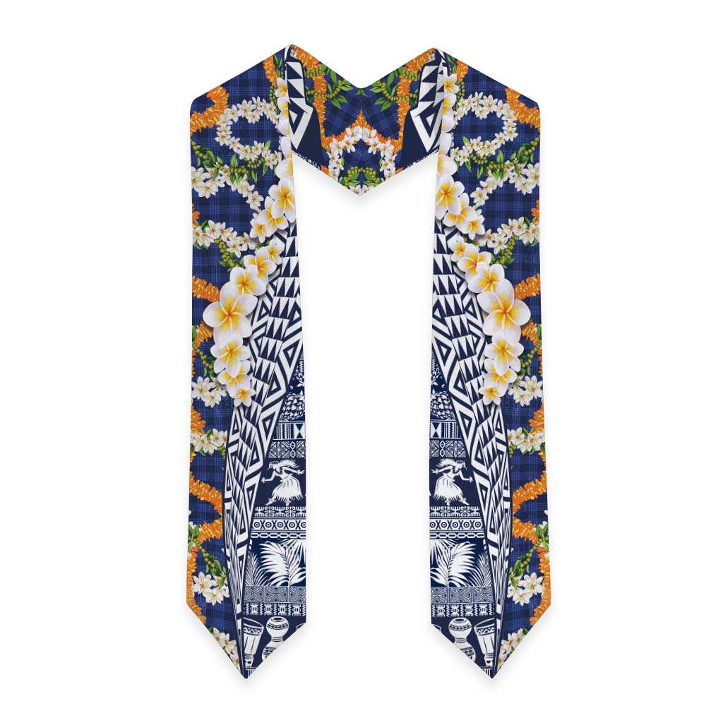 Hawaiian Plumeria Lei Graduation Stole Kakau Motifs and Palaka Half Style Blue Color