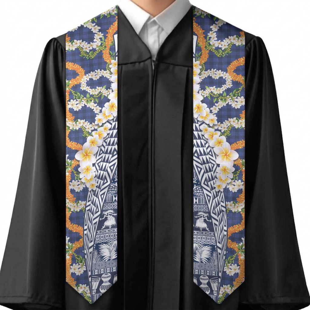 Hawaiian Plumeria Lei Graduation Stole Kakau Motifs and Palaka Half Style Blue Color