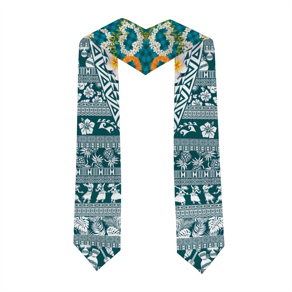 Hawaiian Plumeria Lei Graduation Stole Kakau Motifs and Palaka Half Style Turquoise Color