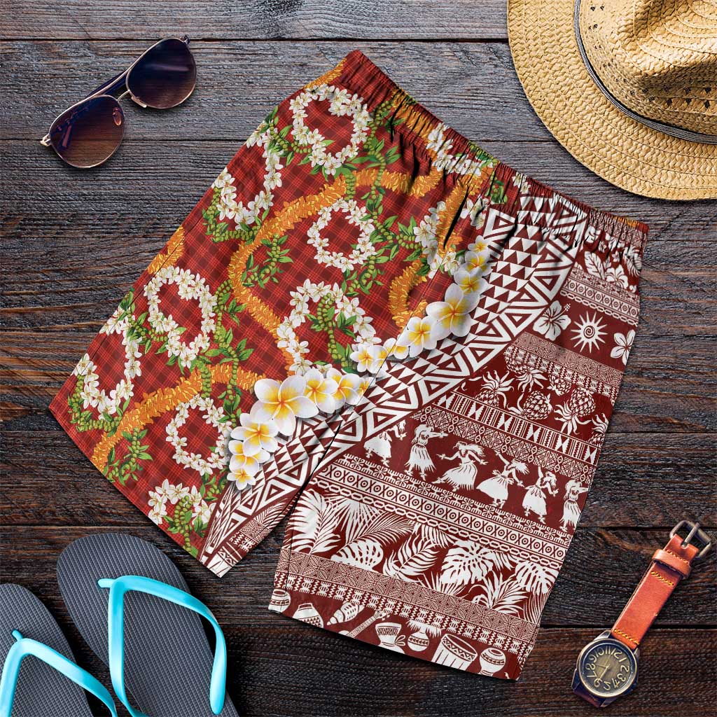 Hawaiian Plumeria Lei Shorts for Men Kakau Motifs and Palaka Half Style Red Color LT03 Red - Polynesian Pride