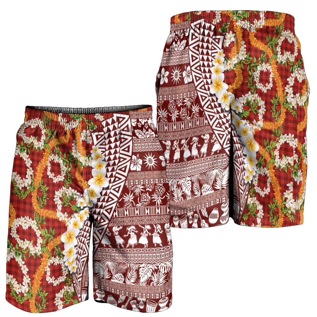 Hawaiian Plumeria Lei Shorts for Men Kakau Motifs and Palaka Half Style Red Color LT03 - Polynesian Pride