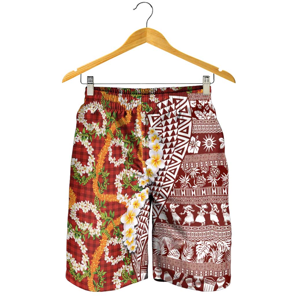 Hawaiian Plumeria Lei Shorts for Men Kakau Motifs and Palaka Half Style Red Color LT03 - Polynesian Pride