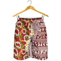 Hawaiian Plumeria Lei Shorts for Men Kakau Motifs and Palaka Half Style Red Color LT03 - Polynesian Pride