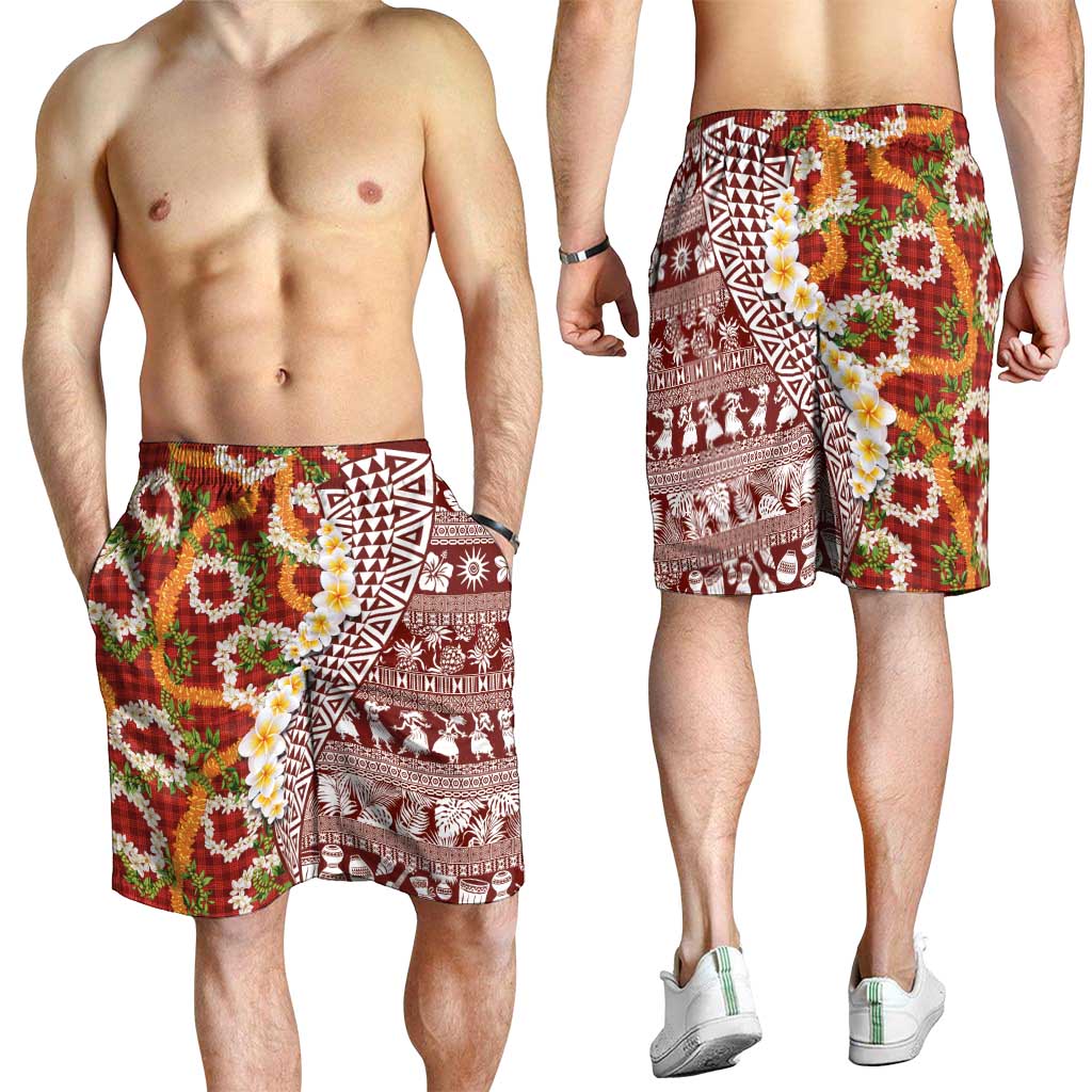 Hawaiian Plumeria Lei Shorts for Men Kakau Motifs and Palaka Half Style Red Color LT03 - Polynesian Pride