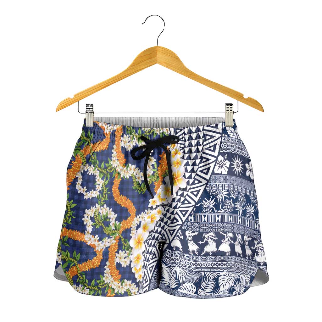 Hawaiian Plumeria Lei Shorts for Women Kakau Motifs and Palaka Half Style Blue Color - Polynesian Pride