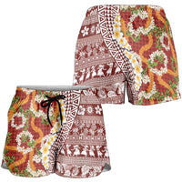 Hawaiian Plumeria Lei Shorts for Women Kakau Motifs and Palaka Half Style Red Color - Polynesian Pride