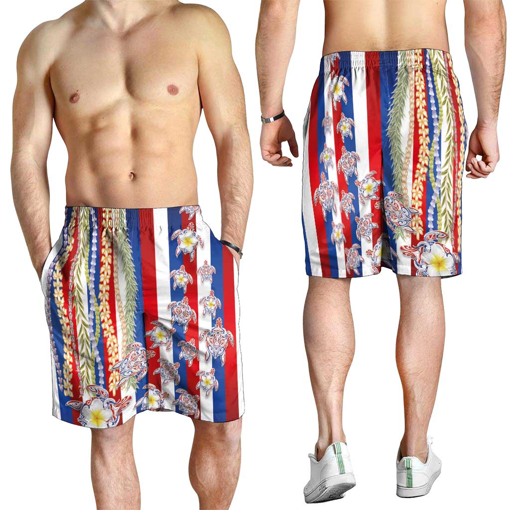 Hawaiian Polynesian Tribal Turtles Shorts for Men with Lei and Flag Style LT03 - Polynesian Pride