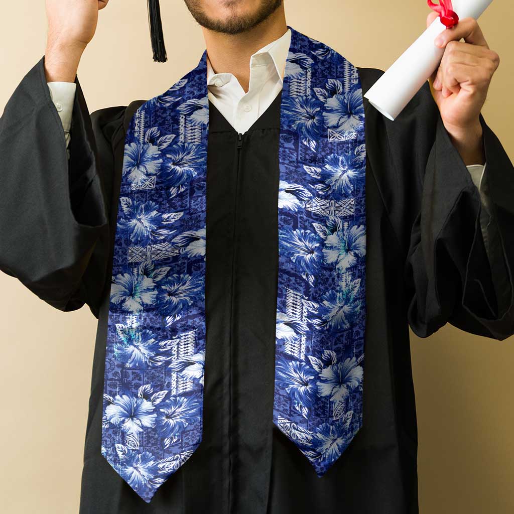 Hawaiian Quilt Pattern Graduation Stole Hibiscus and Tribal Element Vintage Blue Vibe