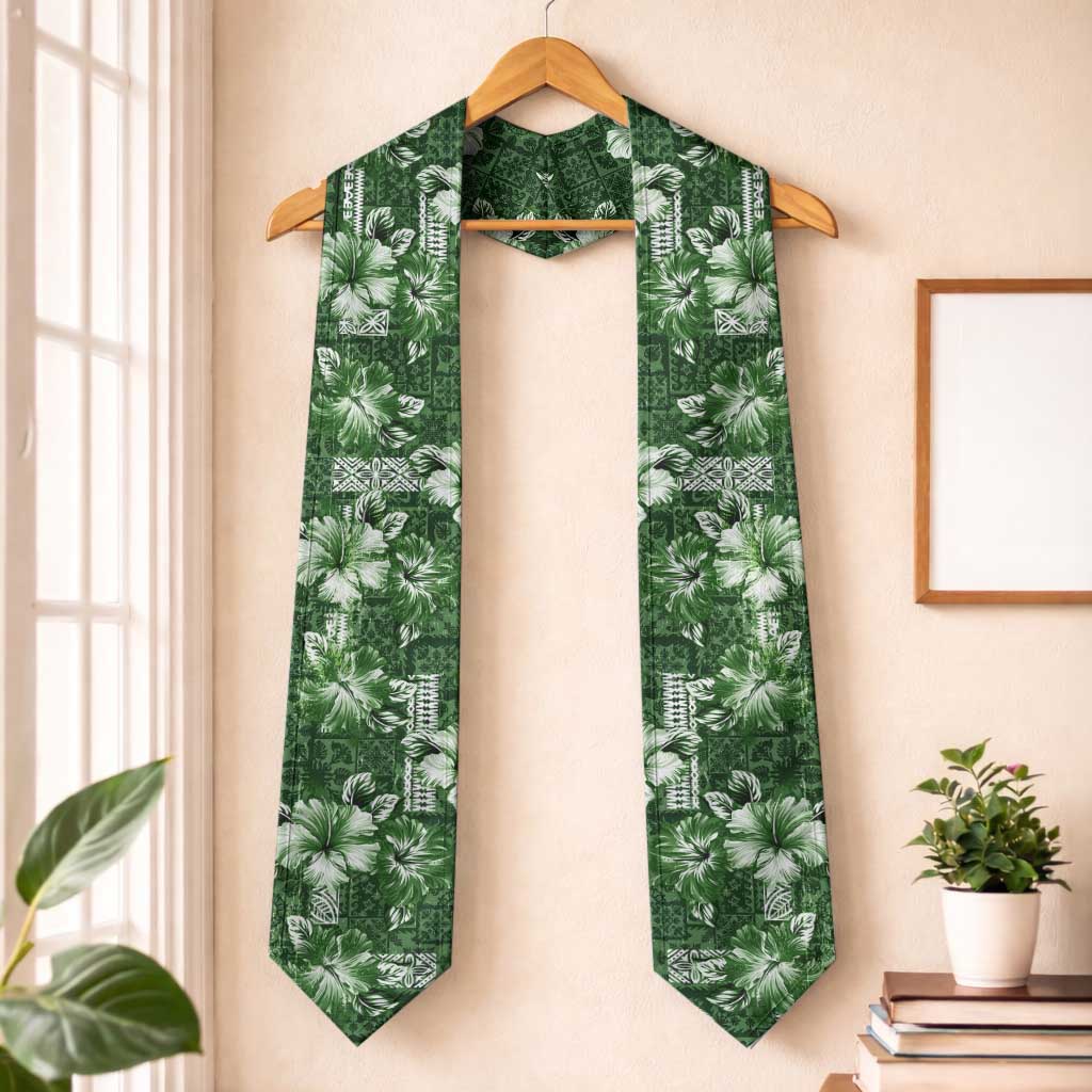 Hawaiian Quilt Pattern Graduation Stole Hibiscus and Tribal Element Vintage Green Vibe LT03 One Size Green - Polynesian Pride