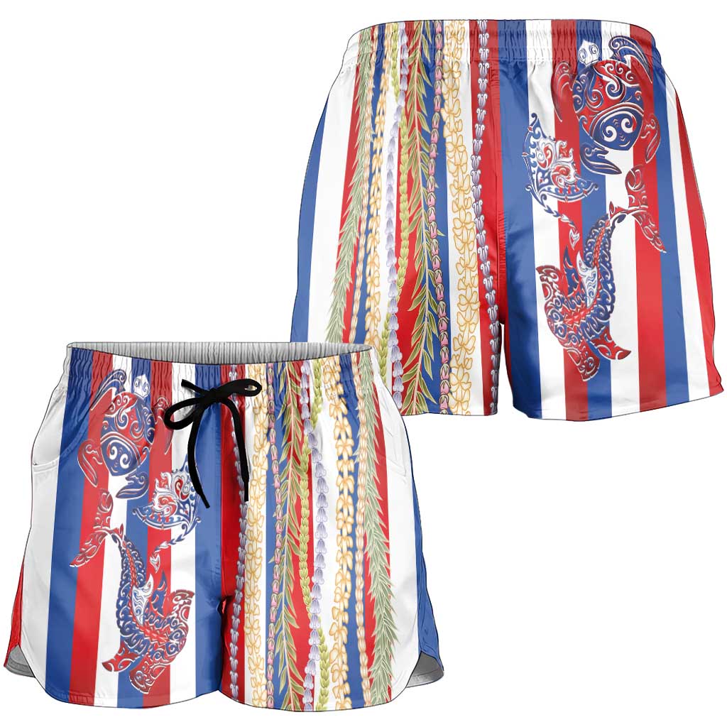 Hawaiian Sea Animals Shorts for Women with Lei and Flag Style