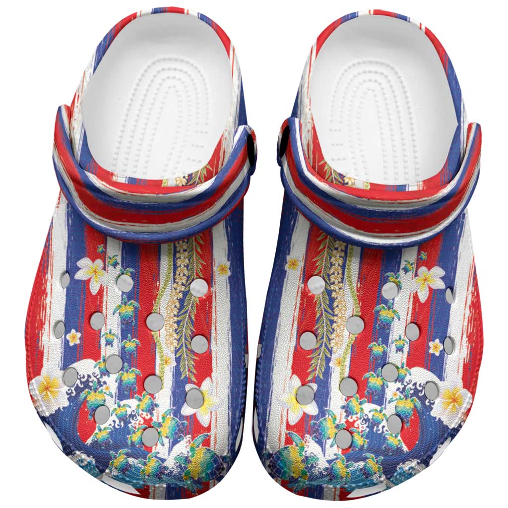 Hawaiian Sea Turtles and Plumeria Clogs Shoes with Lei and Flag Grunge Style LT03
