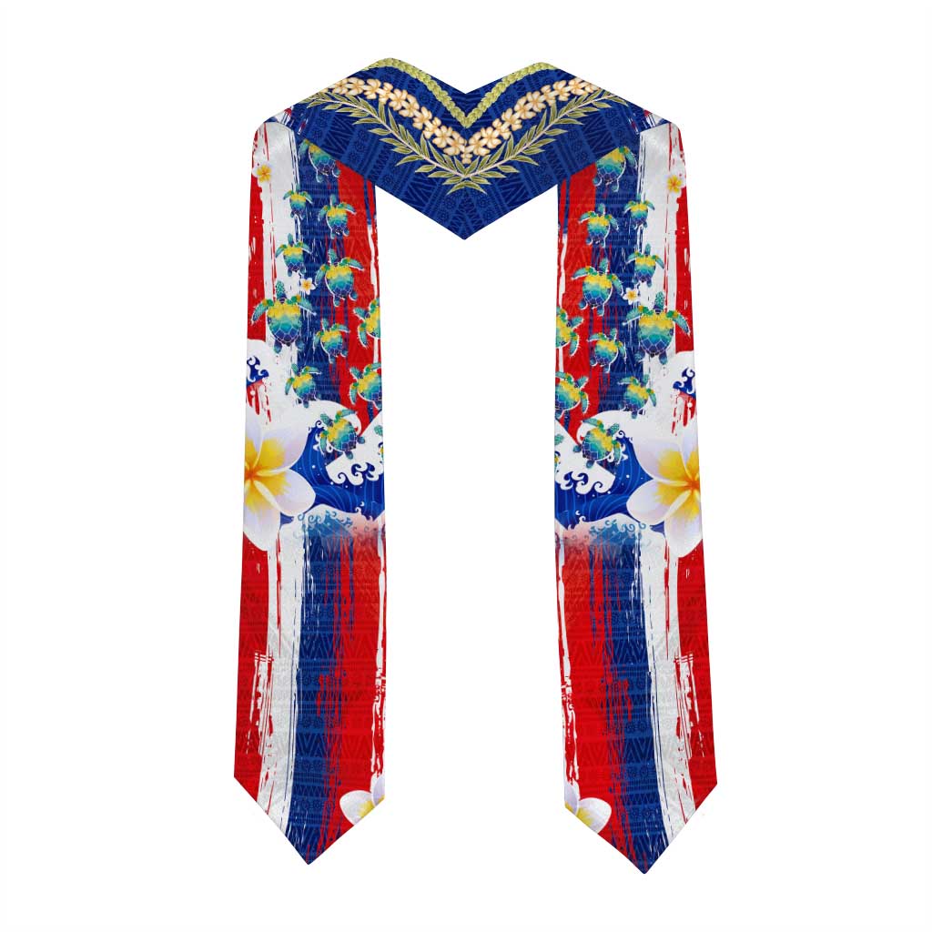 Hawaiian Sea Turtles and Plumeria Graduation Stole with Lei and Flag Grunge Style