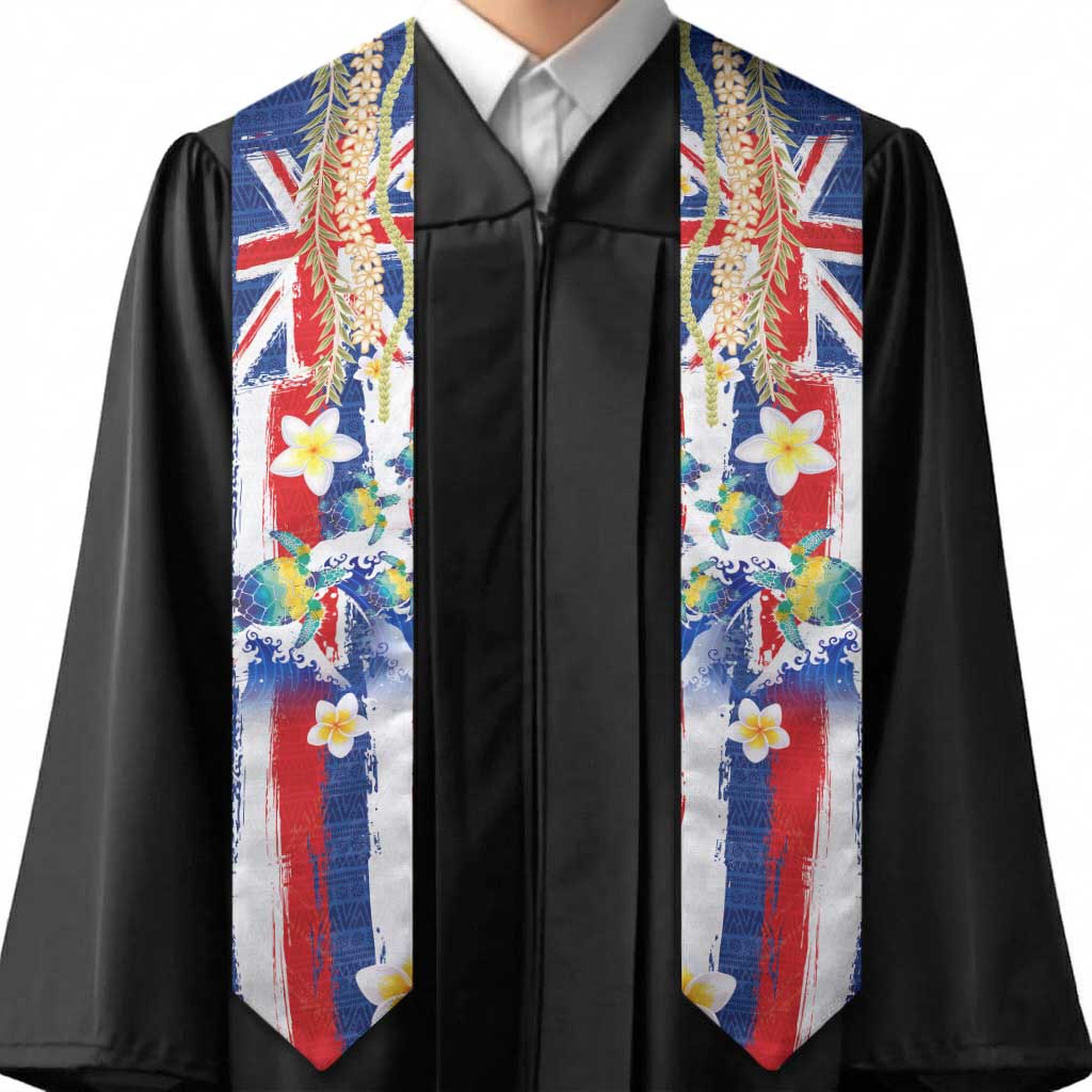 Hawaiian Sea Turtles and Plumeria Graduation Stole with Lei and Flag Grunge Style