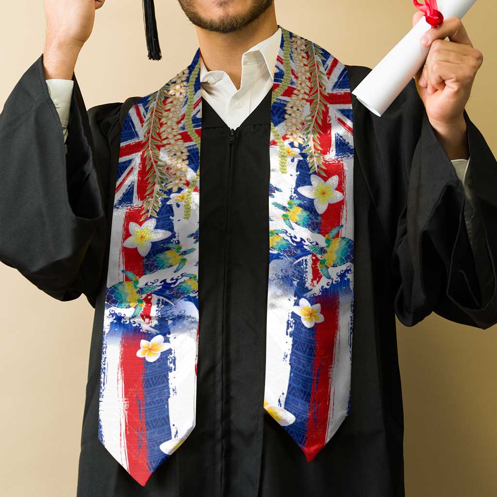 Hawaiian Sea Turtles and Plumeria Graduation Stole with Lei and Flag Grunge Style