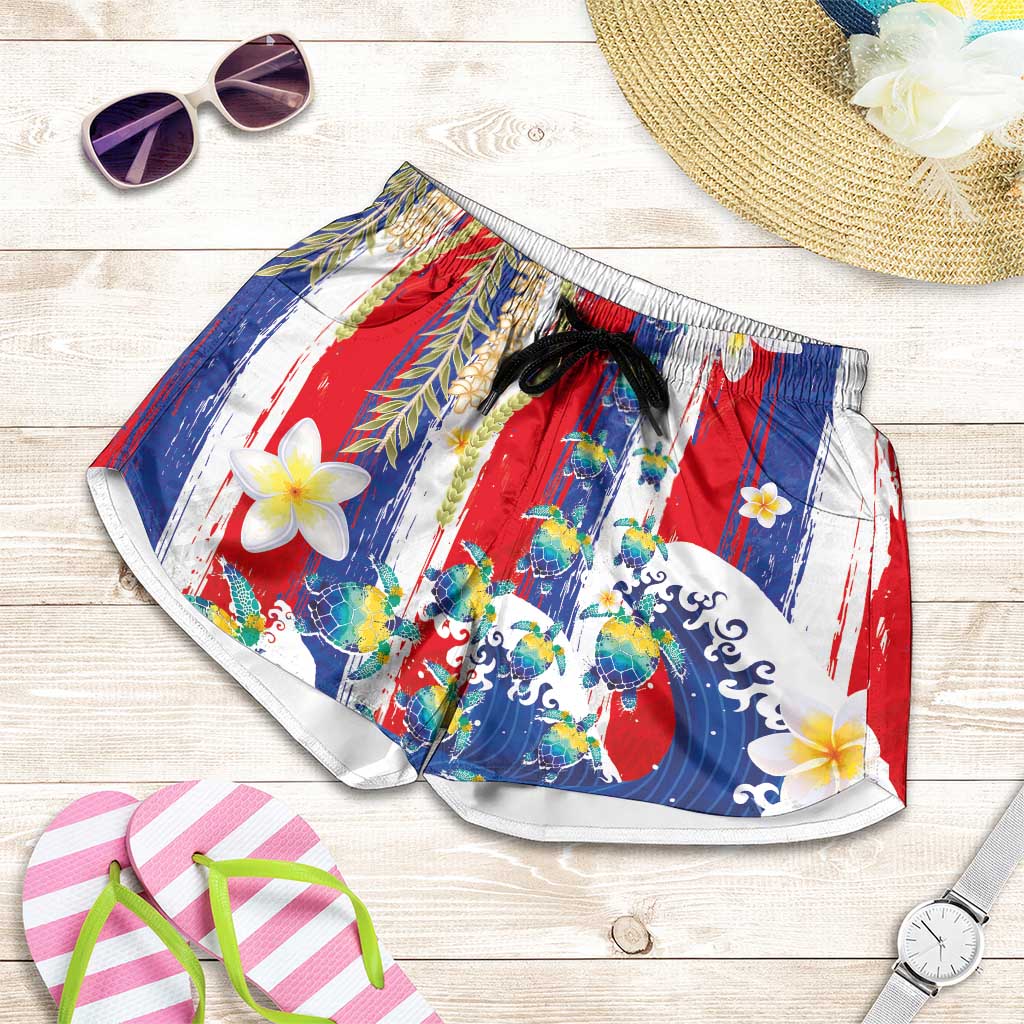 Hawaiian Sea Turtles and Plumeria Shorts for Women with Lei and Flag Grunge Style