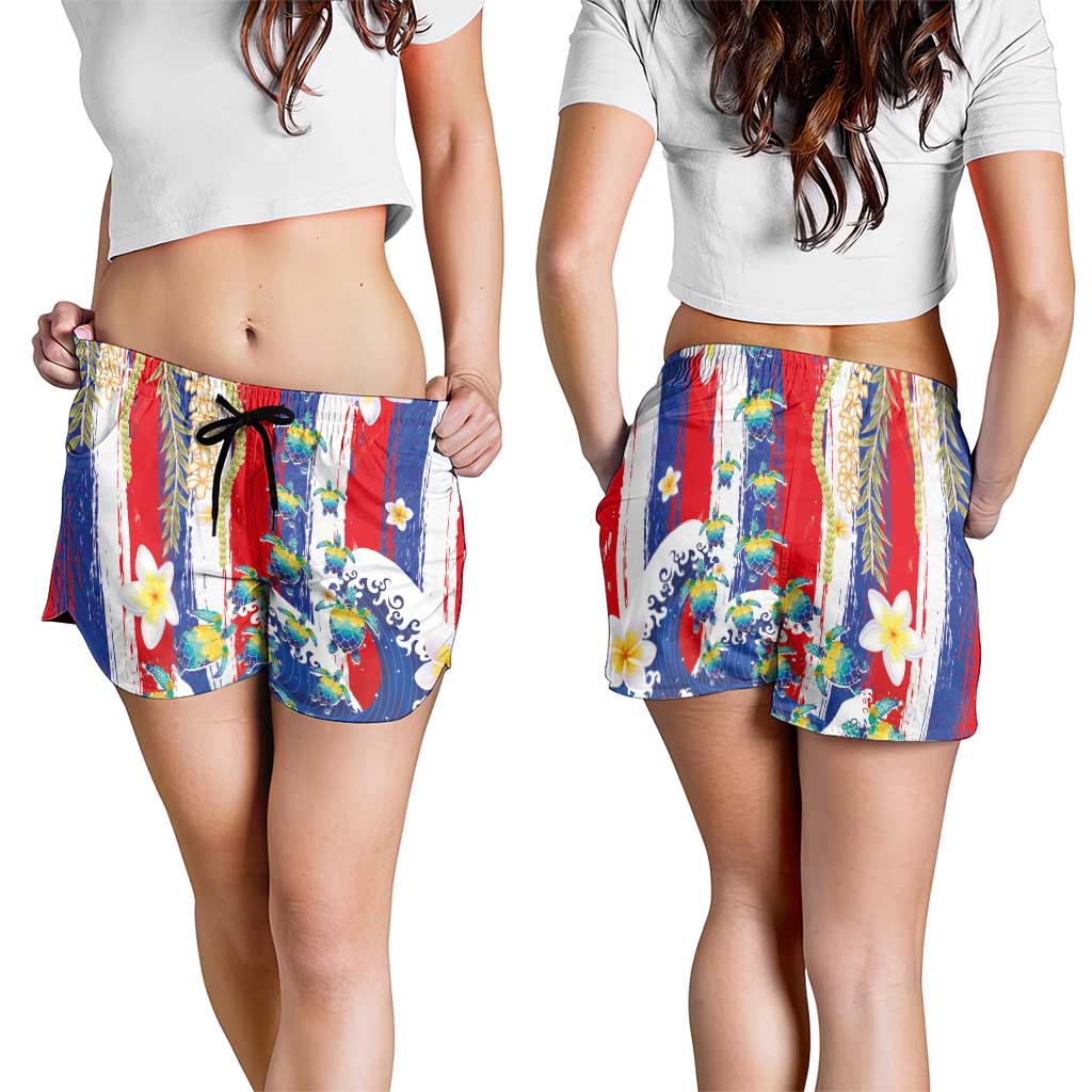 Hawaiian Sea Turtles and Plumeria Shorts for Women with Lei and Flag Grunge Style