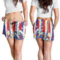 Hawaiian Sea Turtles and Plumeria Shorts for Women with Lei and Flag Grunge Style