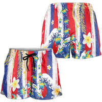Hawaiian Sea Turtles and Plumeria Shorts for Women with Lei and Flag Grunge Style