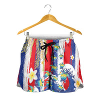 Hawaiian Sea Turtles and Plumeria Shorts for Women with Lei and Flag Grunge Style