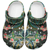 Hawaiian Taro Leaves and Ohia Lehua Clogs Shoes Polynesian Tribal Art Tropical Plants Motifs Colorful