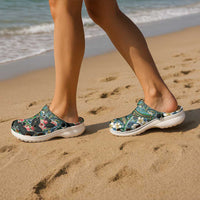 Hawaiian Taro Leaves and Ohia Lehua Clogs Shoes Polynesian Tribal Art Tropical Plants Motifs Colorful