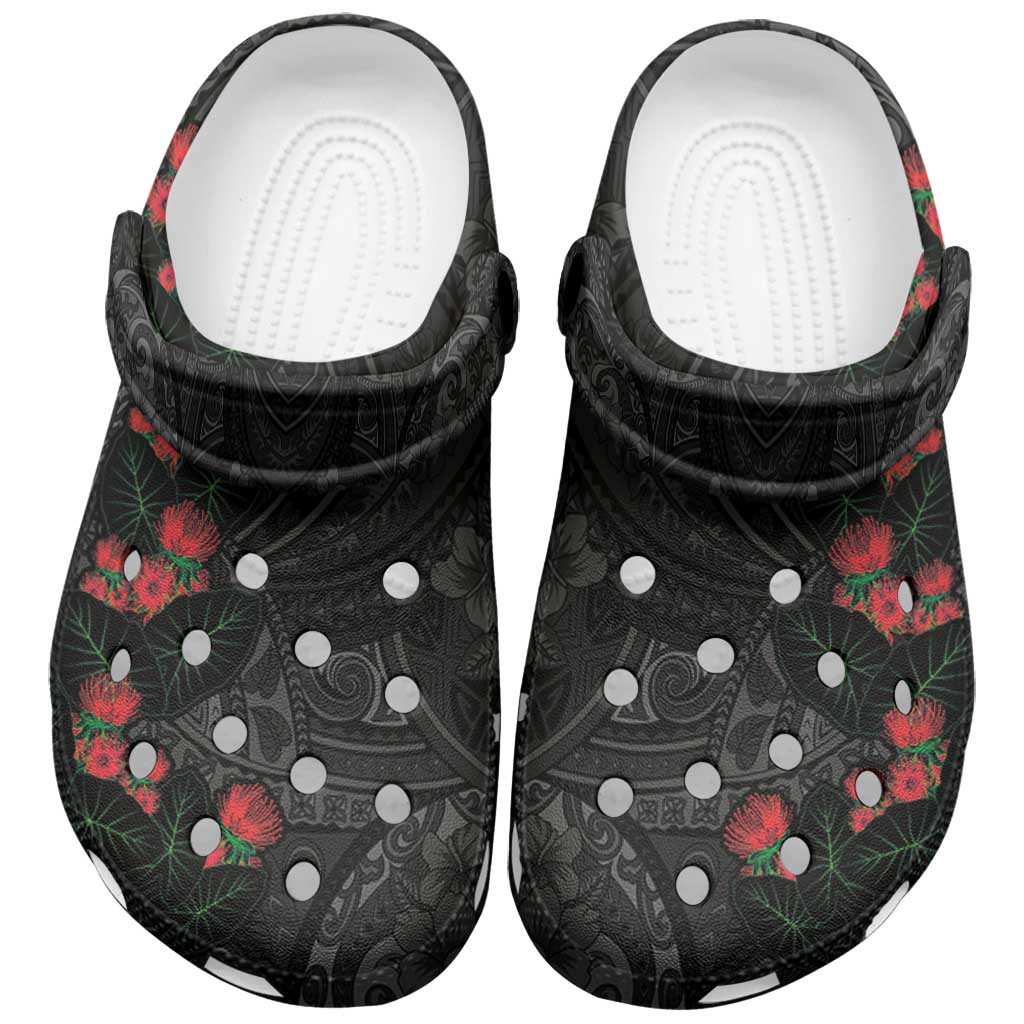 Hawaiian Taro Leaves and Ohia Lehua Clogs Shoes Polynesian Tribal Art Tropical Plants Motifs Grayscale