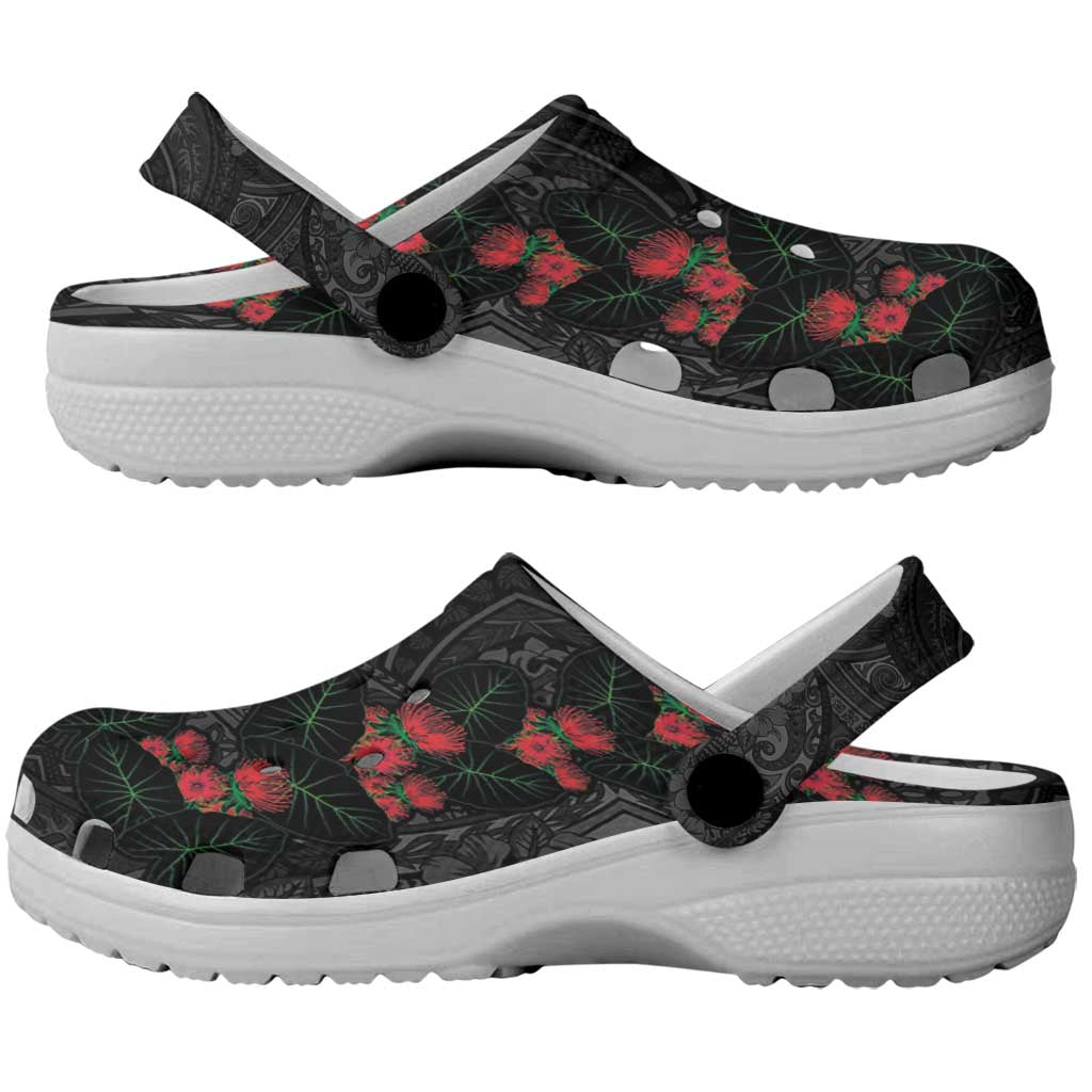 Hawaiian Taro Leaves and Ohia Lehua Clogs Shoes Polynesian Tribal Art Tropical Plants Motifs Grayscale