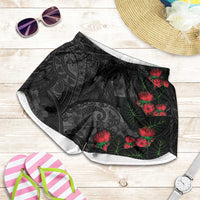 Hawaiian Taro Leaves and Ohia Lehua Shorts for Women Polynesian Tribal Art Tropical Plants Motifs Grayscale