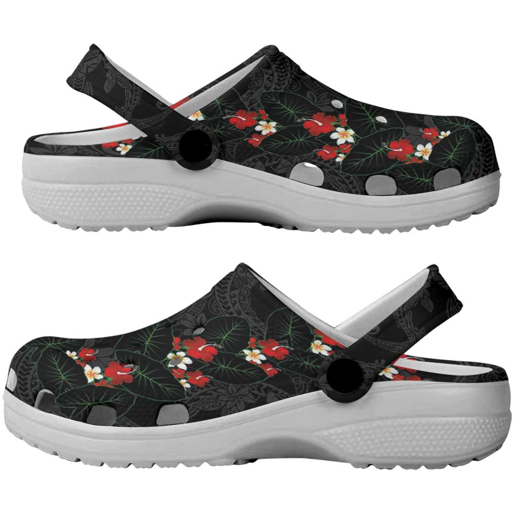 Hawaiian Taro Leaves-Hibiscus and Plumeria Clogs Shoes Floral Tribal Tattoo Motif