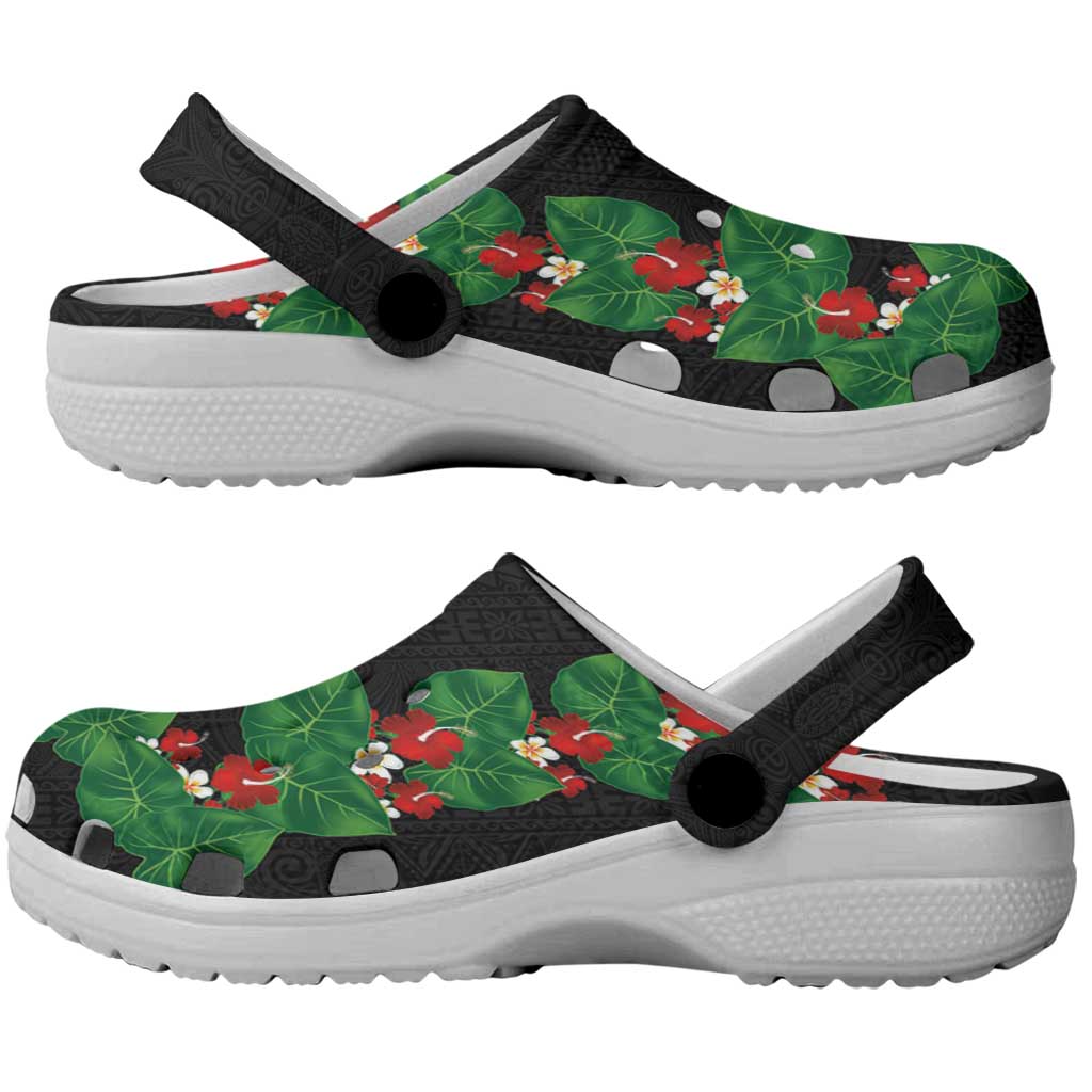 Hawaiian Taro Leaves-Hibiscus and Plumeria Clogs Shoes Polynesian Art-Kakau Tattoo Black
