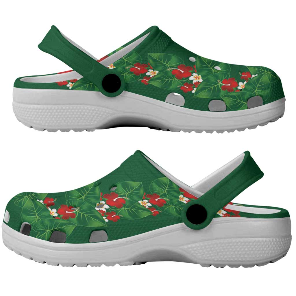 Hawaiian Taro Leaves-Hibiscus and Plumeria Clogs Shoes Polynesian Art-Kakau Tattoo Green