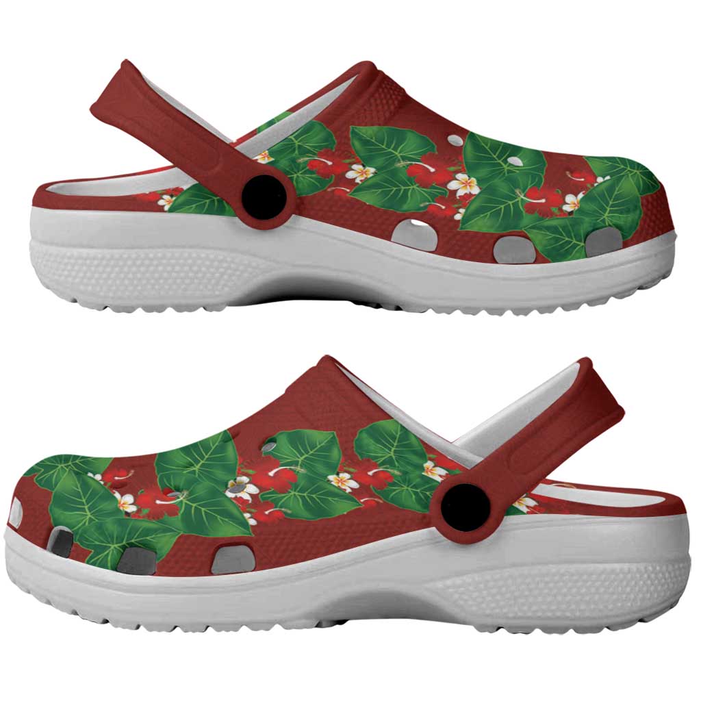Hawaiian Taro Leaves-Hibiscus and Plumeria Clogs Shoes Polynesian Art-Kakau Tattoo Red