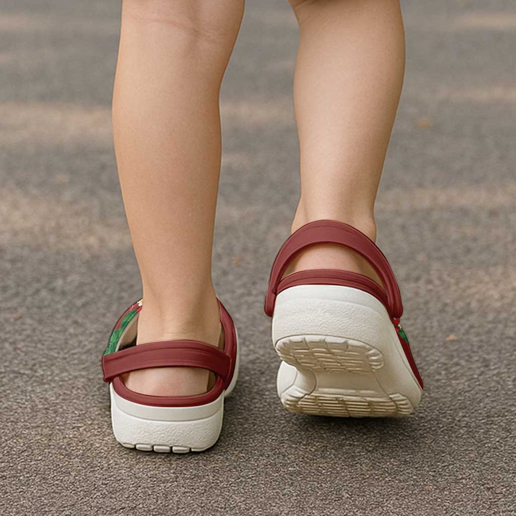 Hawaiian Taro Leaves-Hibiscus and Plumeria Clogs Shoes Polynesian Art-Kakau Tattoo Red