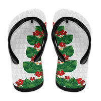 Hawaiian Taro Leaves-Hibiscus and Plumeria Flip Flops Polynesian Art-Kakau Tattoo White