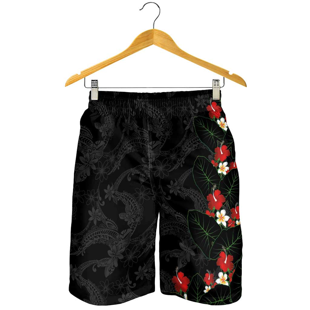 Hawaiian Taro Leaves-Hibiscus and Plumeria Shorts for Men Floral Tribal Tattoo Motif