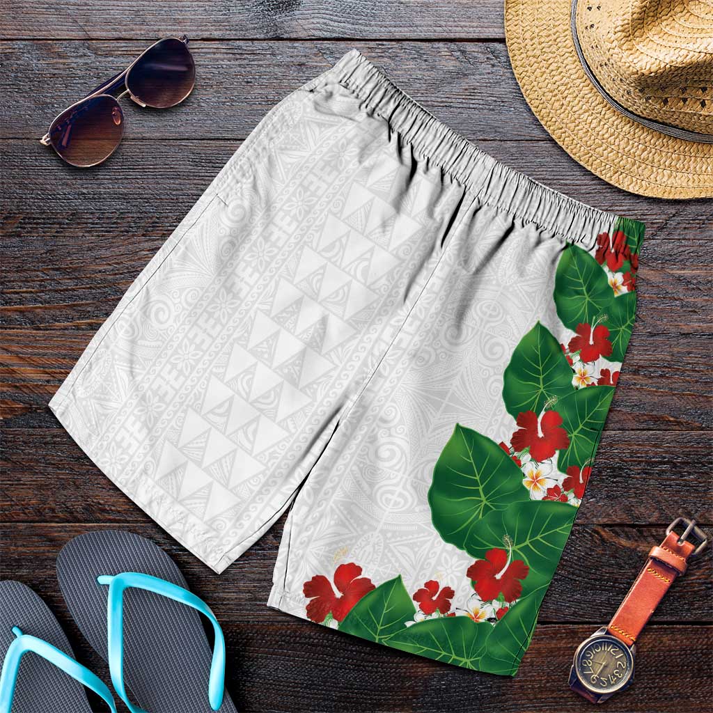 Hawaiian Taro Leaves-Hibiscus and Plumeria Shorts for Men Polynesian Art-Kakau Tattoo White