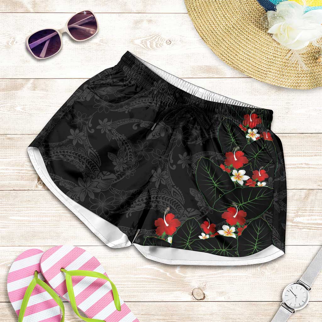 Hawaiian Taro Leaves-Hibiscus and Plumeria Shorts for Women Floral Tribal Tattoo Motif