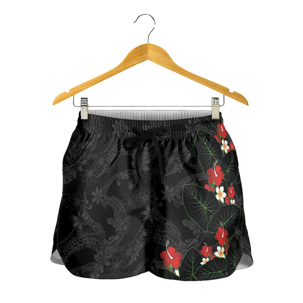 Hawaiian Taro Leaves-Hibiscus and Plumeria Shorts for Women Floral Tribal Tattoo Motif