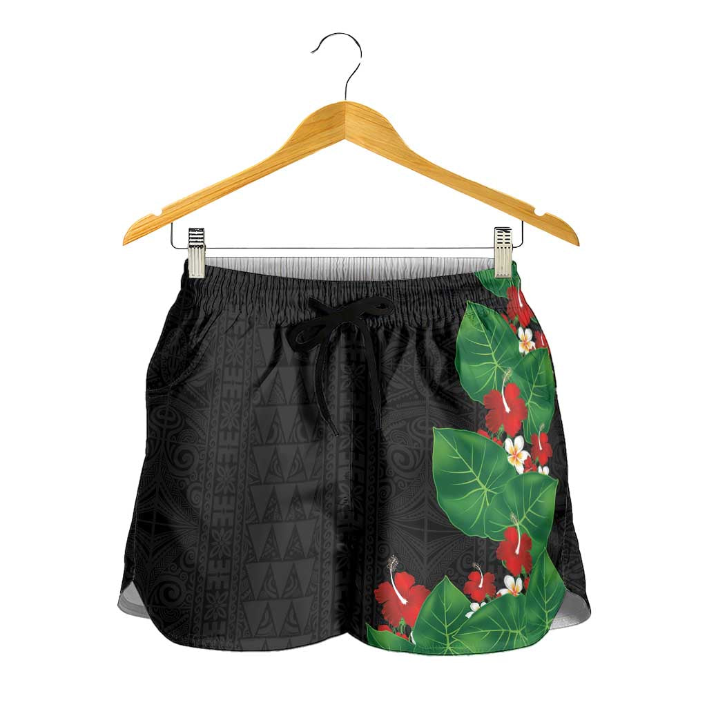 Hawaiian Taro Leaves-Hibiscus and Plumeria Shorts for Women Polynesian Art-Kakau Tattoo Black