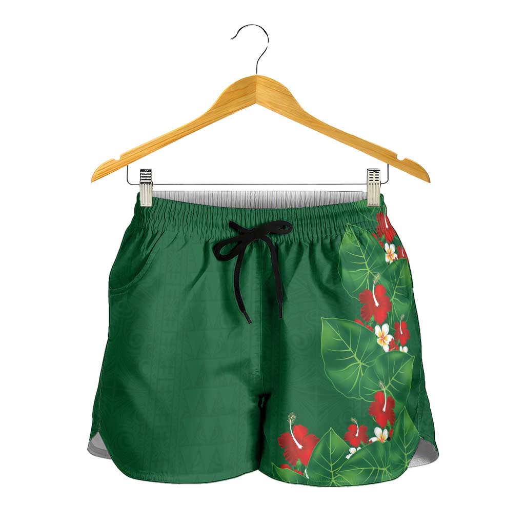 Hawaiian Taro Leaves-Hibiscus and Plumeria Shorts for Women Polynesian Art-Kakau Tattoo Green